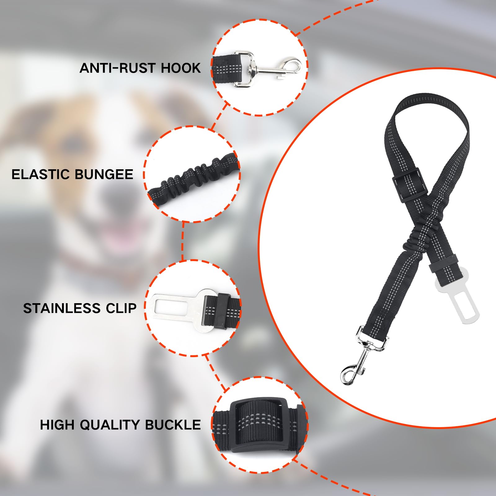 Dog Seatbelts for Cars UK,Adjustable Dog Car Seatbelt with Elastic Bungee Buffer,Reflective Pet Car Harness Universal Seatbelt for Car Travel - Image 3