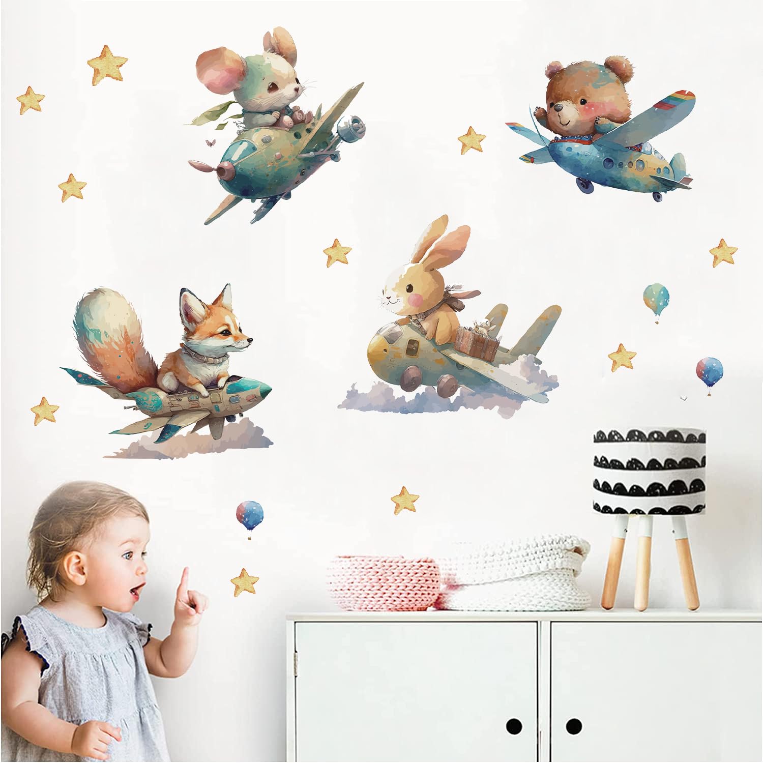 TOARTI Flugzeug Tier Wandtattoo,Aquarell Babyzimmer Wandsticker,Wandaufkleber Kinderzimmer Tiere,DIY Kaninchen FuchsWandaufkleber für Junge Mädchen Schlafzimmer Wanddeko