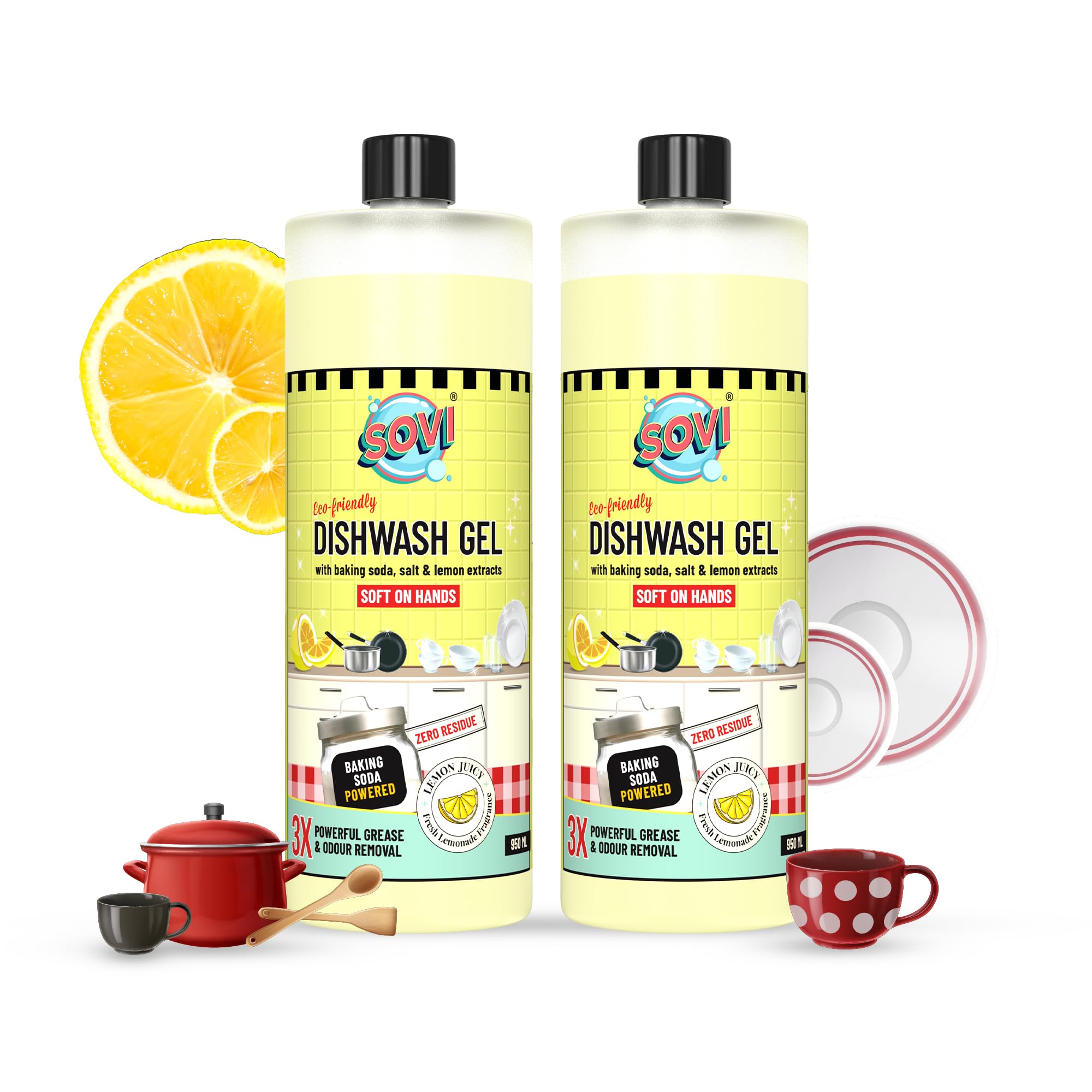 SOVI Dishwash Liquid, Removes Tough Grease & Odour, No Harmful Residue, Antibacterial, Child Safe, Pet Safe, with Baking Soda, Salt & Lemon Extract, Lemon Juicy (950 ml Each (Pack of 2))