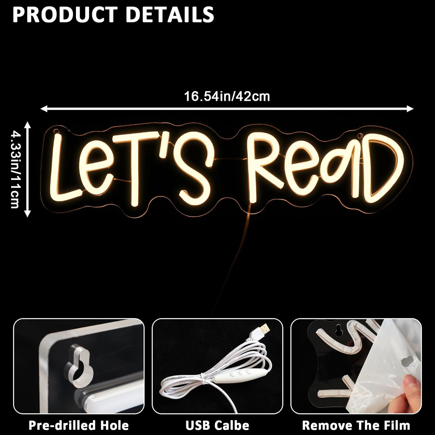 Let's Read Neon Sign for Wall Decor, Reading Led Signs for Library, USB Dimmable Book Neon Lights for Classroom Reading Corner Bedroom Study Room Home Book Club Motivational Wall Art - Image 2