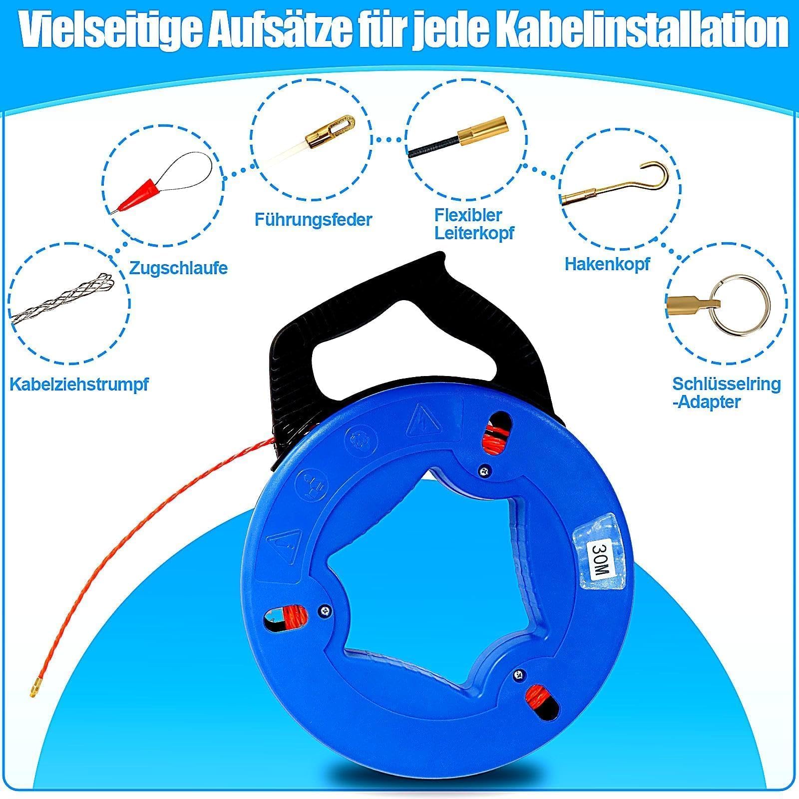 Kabeleinziehhilfe 30 m 4 mm, PET Einziehspirale mit Aufrolltrommel, Kupfer-Zugkopf und 6 Adaptern, Kabelziehband für Leerrohre, Stromkabel, Netzwerkkabel, SAT Kabel