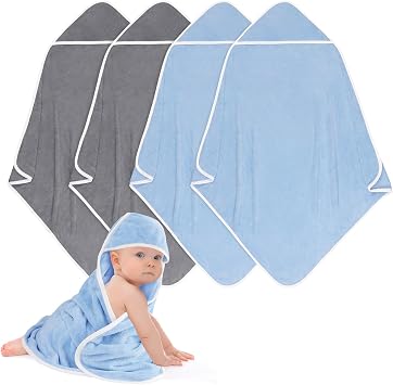 UNIMADE Hooded Towel for Newborn, 4 Pack Soft Coral Fleece Baby Towels | Ultra Absorbent Bath Cloths Bulk for Infants, Toddlers, Newborn Essential- 30 x 30 inch - Grey & Blue