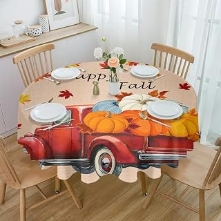 Yun Nist Waterproof Tablecloth,Fall Truck Orange Leaves Thanksgiving Pumpkin Round Table Cover Oil-Proof Tabletop Decor,Farm Harvest Washable Table Cloths for Kitchen Dining Outdoor Picnic 54in