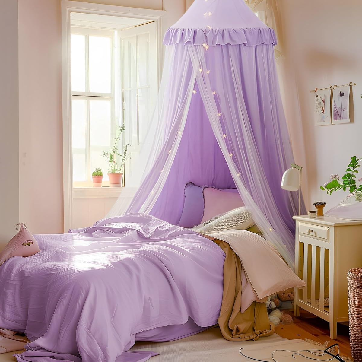 Bed Canopy with Star Lights, Double Layer Canopy for Bed, Princess Play Tent for Girls Room, Breathable Canopy Bed Curtain for Children Reading Nook, Machine Washable Canopy, 25.6''x106'', Purple
