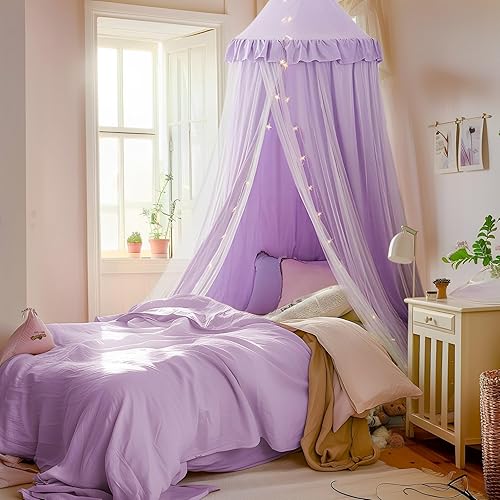 Miniatura 10 de little dove Toldo de cama con luces de estrellas, toldo de doble capa para cama, tienda de campaña de princesa para habitación de niñas, cortina de