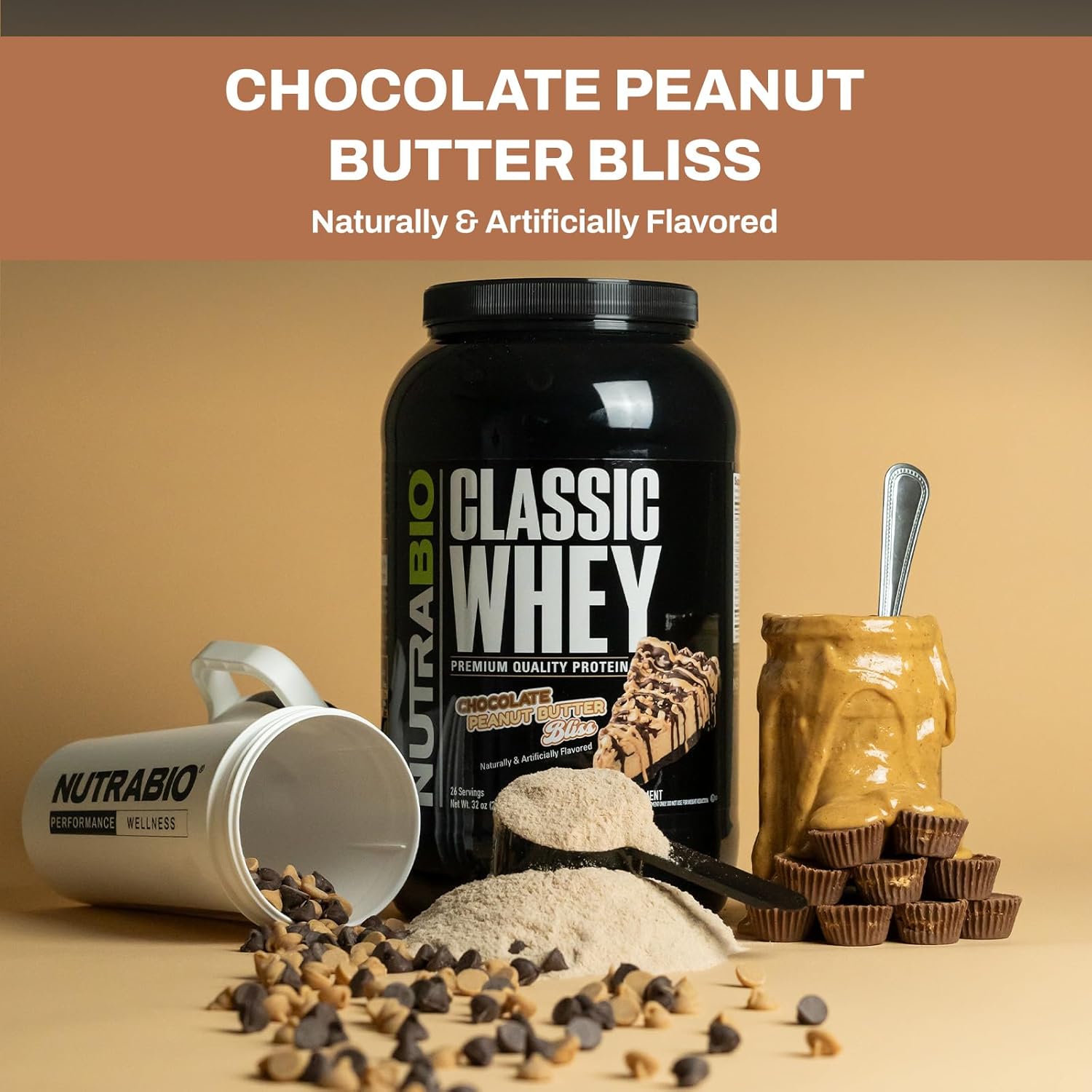 NutraBio Classic Whey Protein Powder- Full-Spectrum Amino Acid Profile - No Fillers, Artificial Colors, Preservatives - Low Glycemic Index - (Chocolate Peanut Butter, 2 Pounds)