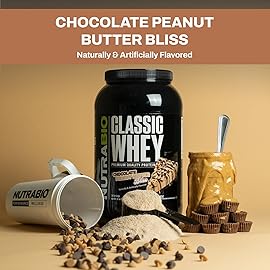 NutraBio Classic Whey Protein Powder- Full-Spectrum Amino Acid Profile - No Fillers, Artificial Colors, Preservatives - Low Glycemic Index - (Chocolate Peanut Butter, 2 Pounds)