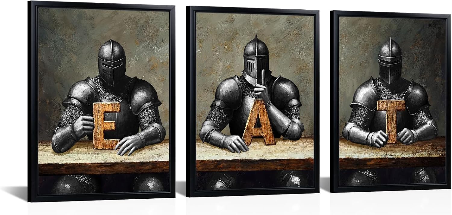 Visual Art Decor Dining Room Wall Decor Eat Sign Kitchen Wall Art Vintage Soldier Painting Prints Funny Kitchen Bar Decoration,12x16inchx3 Pieces, Black Frame (Black)