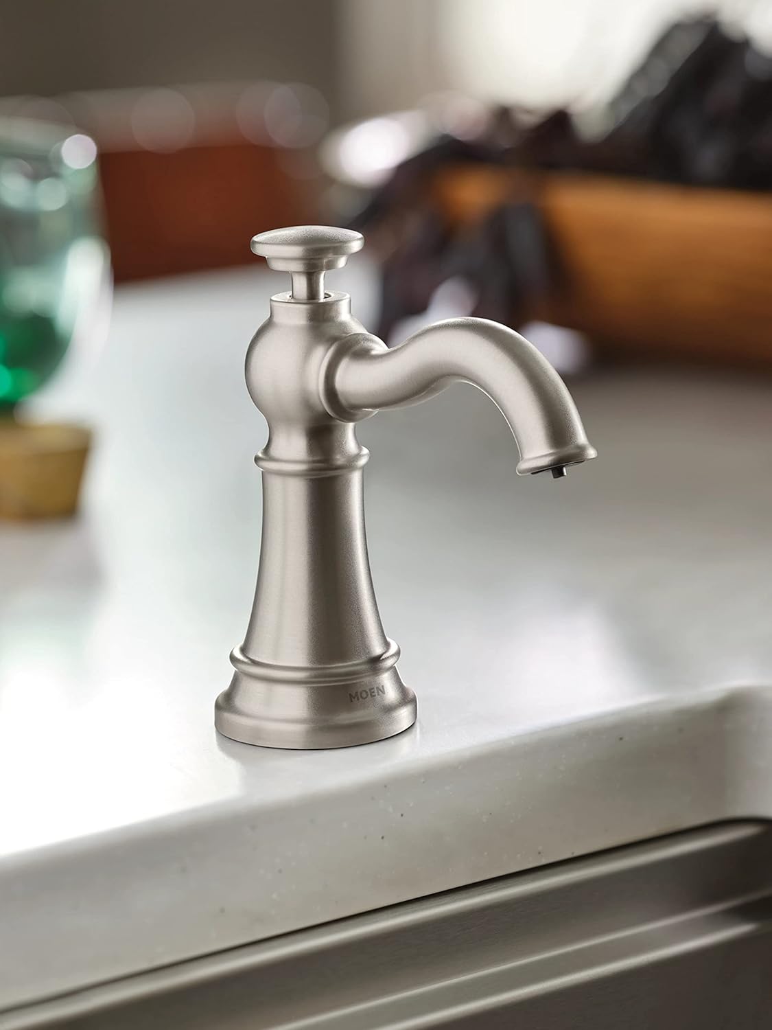 moen s3945srs traditional deck mounted kitchen soap dispenser with above the sink refillable bottle, spot resist stainless