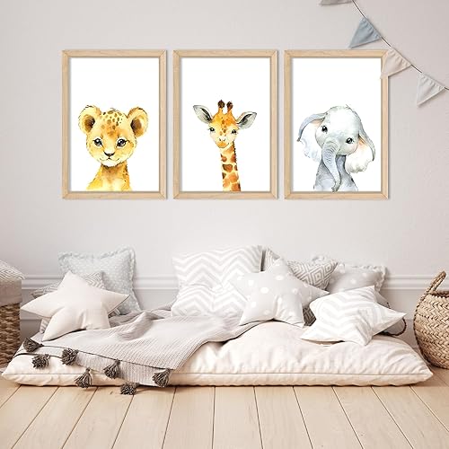 Miniatura 8 de YWJKWLGS Decoración de pared de safari para bebé, 16 x 11 pulgadas, juego de 3 lindos animales, jirafa, elefante, león, letrero de madera enmarcado