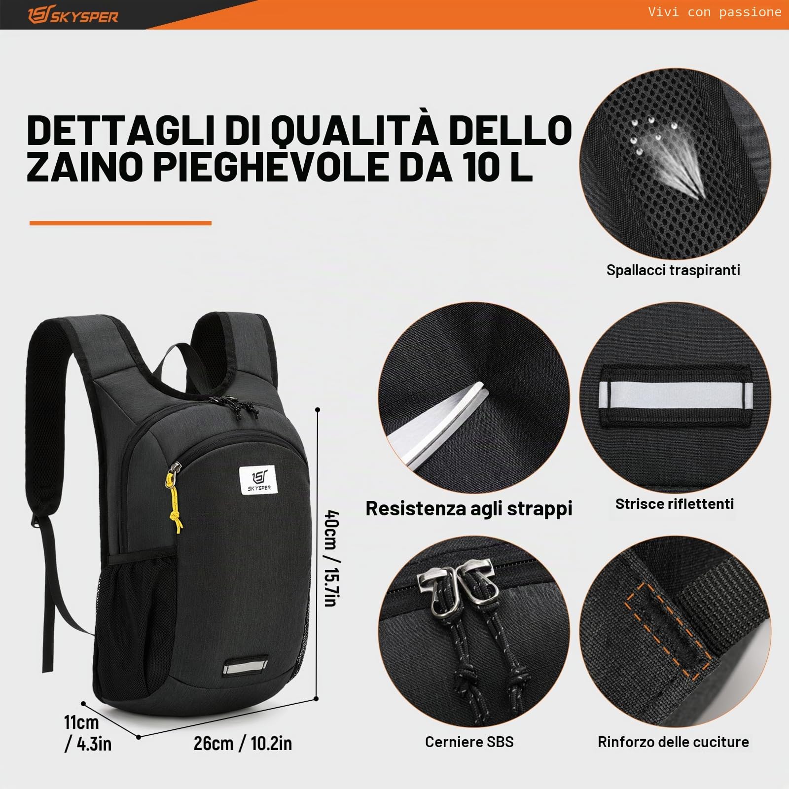 SKYSPER Zaino Pieghevole Ultraleggero 10L, Zainetto Richiudibile piccolo Zaino Hiking Salvaspazio per Trekking Viaggio Brevi Escursioni Ciclismo