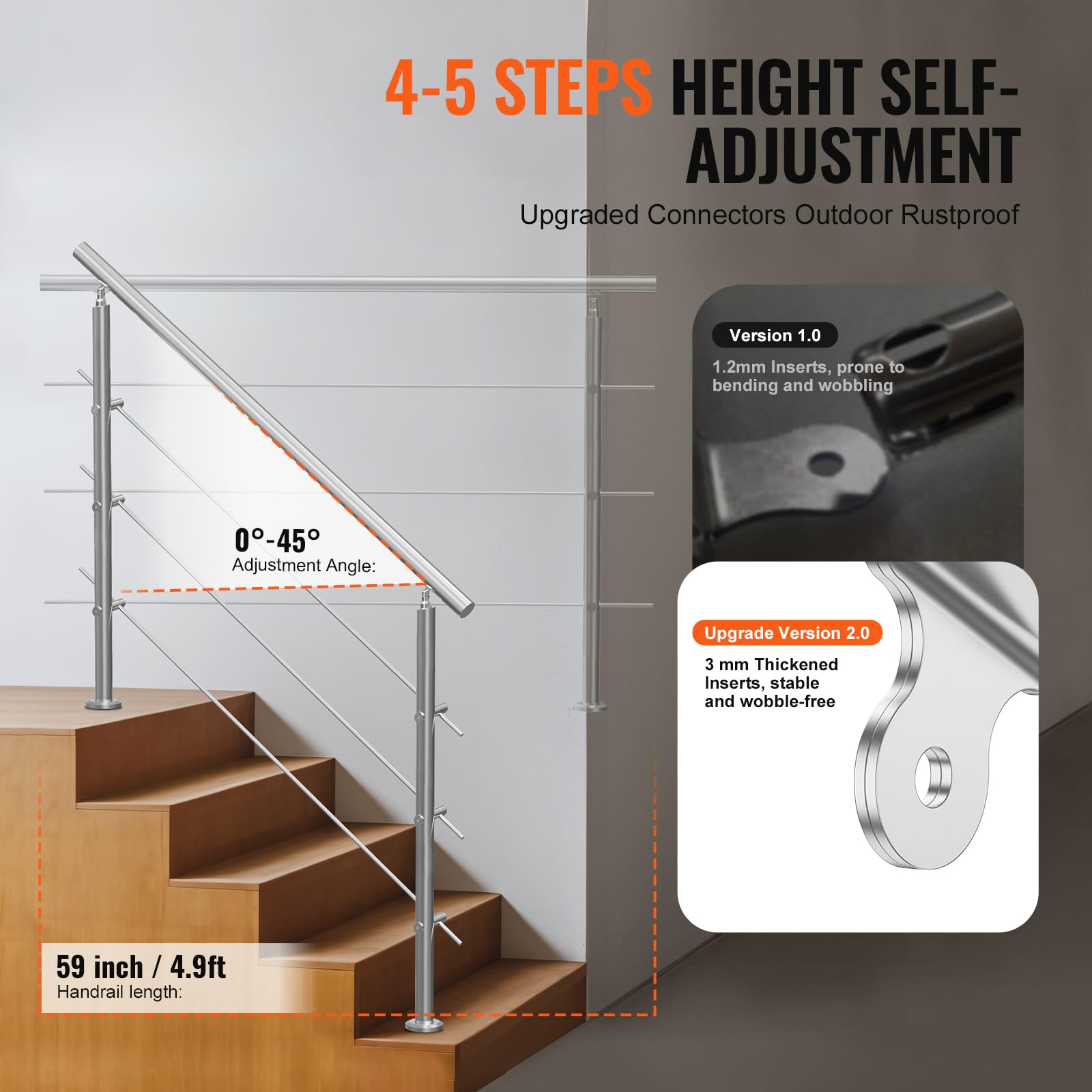 VEVOR Corrimano per Gradini Esterni, Kit Corrimano per Scale 3 Traverse 150 cm Lunghezza, Ringhiere Transizione Acciaio Inox Kit Installazione, Corrimano Scale Doppia Colonna per Veranda e Terrazza