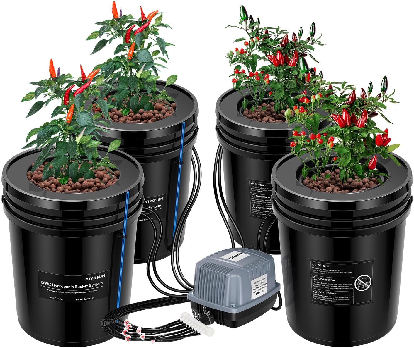 DWC Hydroponics Grow System with Top Drip Kit, 5-Gallon Deep Water Culture, Recirculating Drip Garden System with Multi-Purpose Air Hose, Air Pump, and Air Stone (4 Buckets + Top Drip Kit)