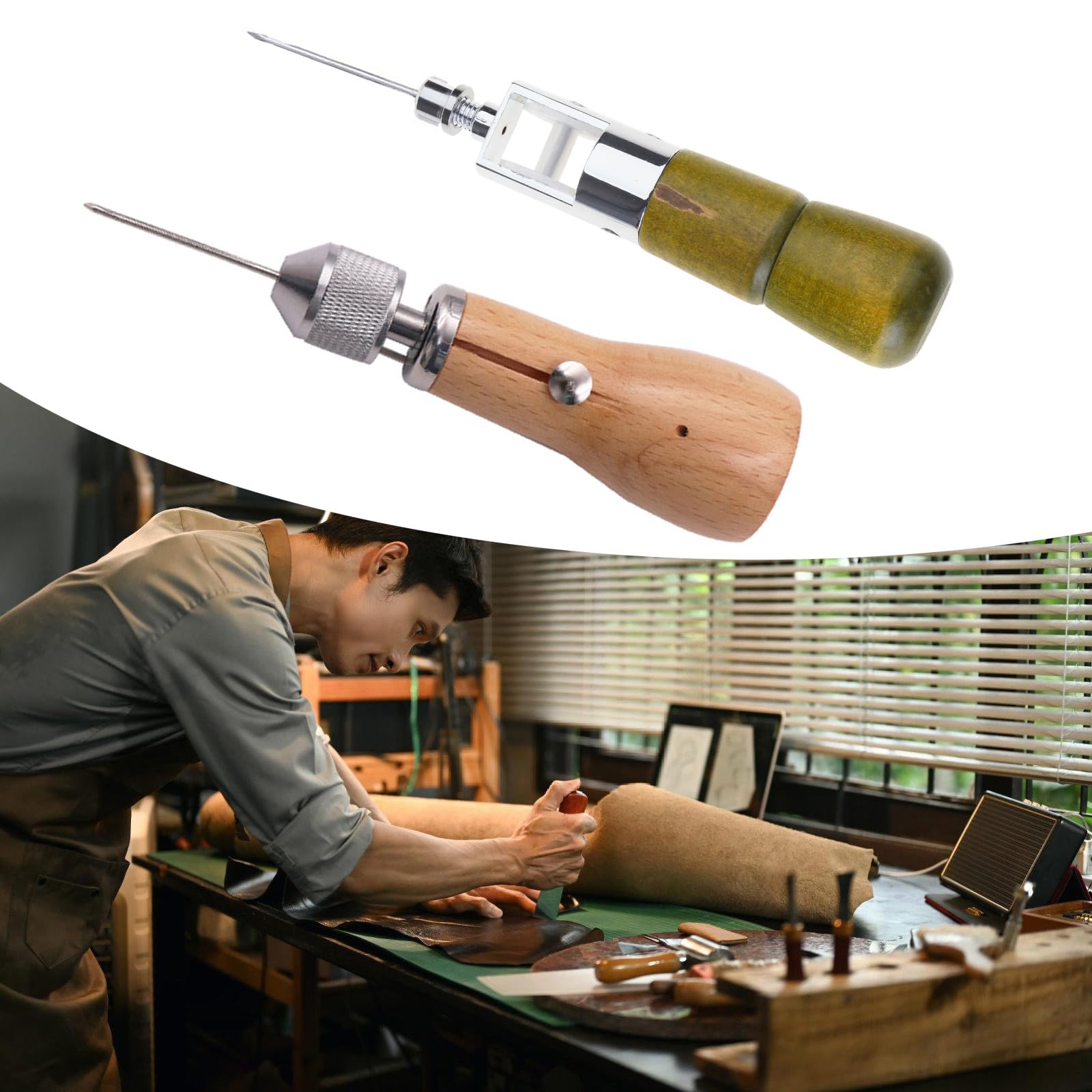 Holzgriff Nähahlen Leder Hand Stitcher Reparaturwerkzeug mit Nadelfaden Schraubendreher