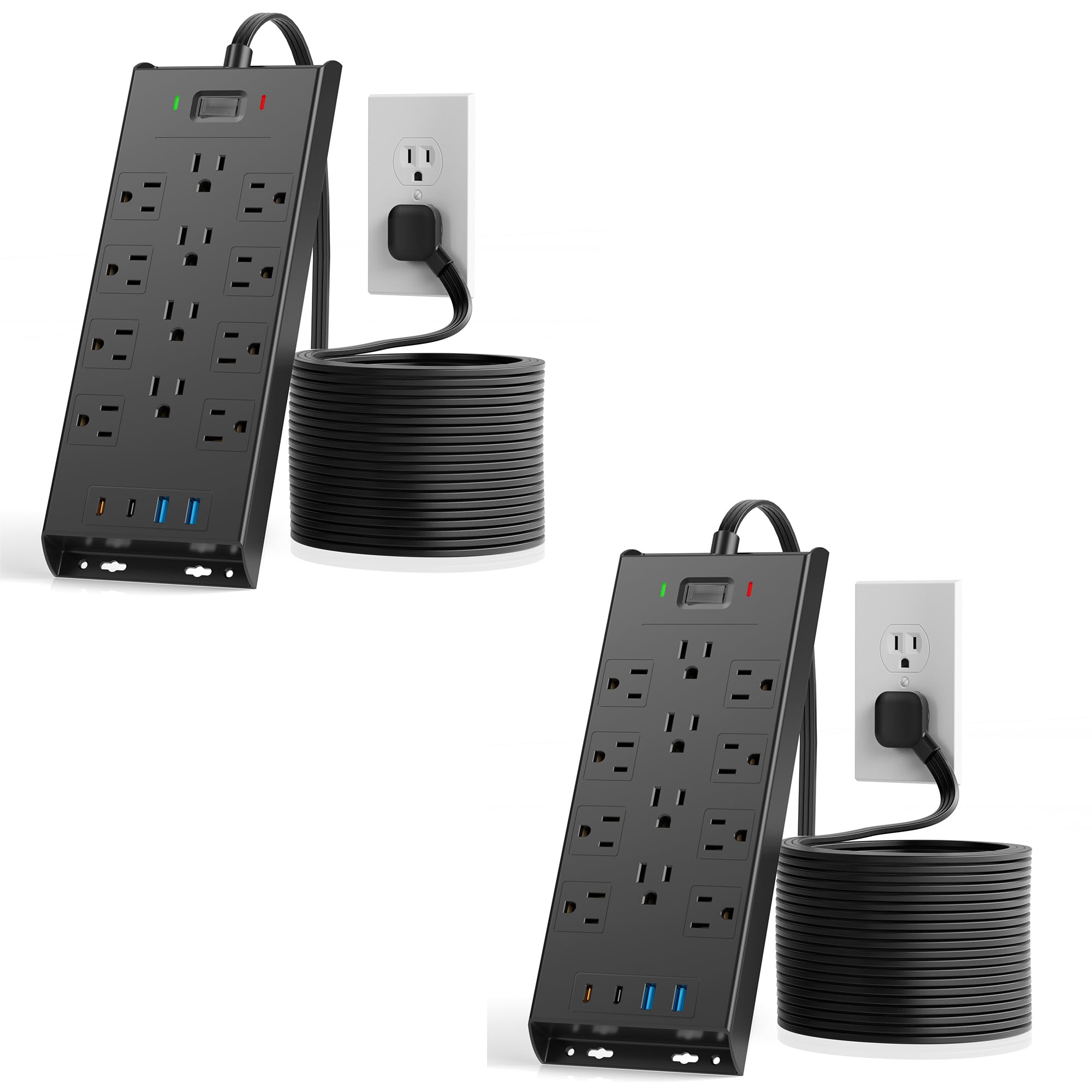Surge Protector Power Strip 4800J, LeZone 10Ft Long Extension Cord Flat Plug, 12 Outlets 2 USB C 2 USB Ports, Wall Mountable, Desk Charging Station, Black, Pack of 2
