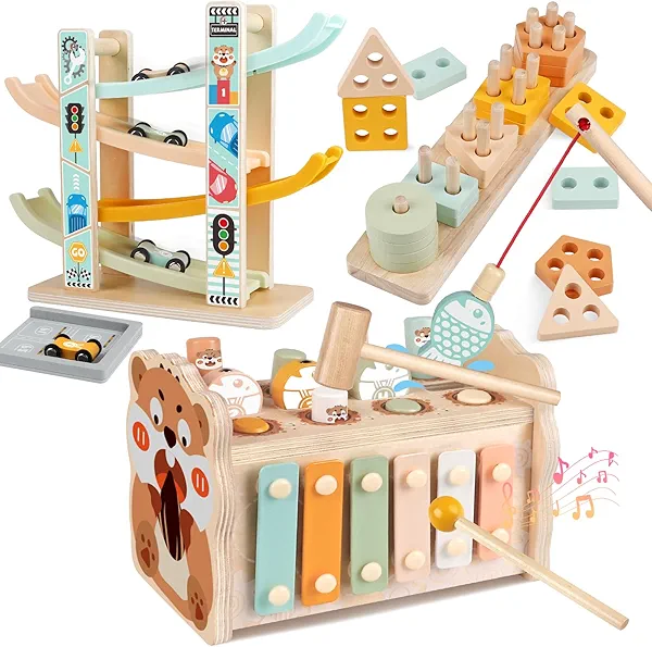 Wooden Montessori Toys for Toddlers 1-3, Baby Pounding Hammering Toy with Xylophone & Fishing Game, Car Ramp Racer, Stacking Blocks & Shape Sorter, 3 in 1 Learning Multi-Activity Set for 1 + Year Old