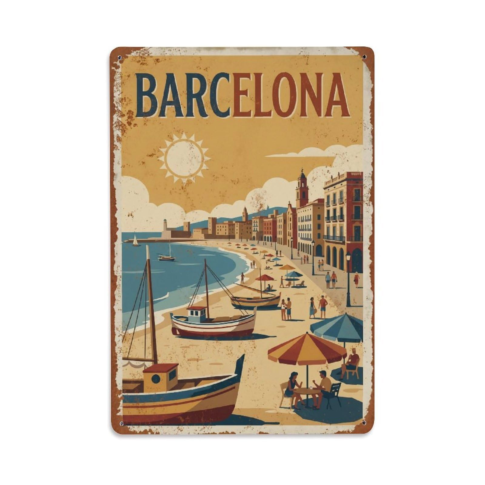 Okngb Style Retro Barceloneta Barcelona Mediterranean City Urban Metal Tin Sign Plaque Wall Decor For Cafe, Man Cave, Club Bar, Office, Home Garden Round Metal Poster 8X12inch