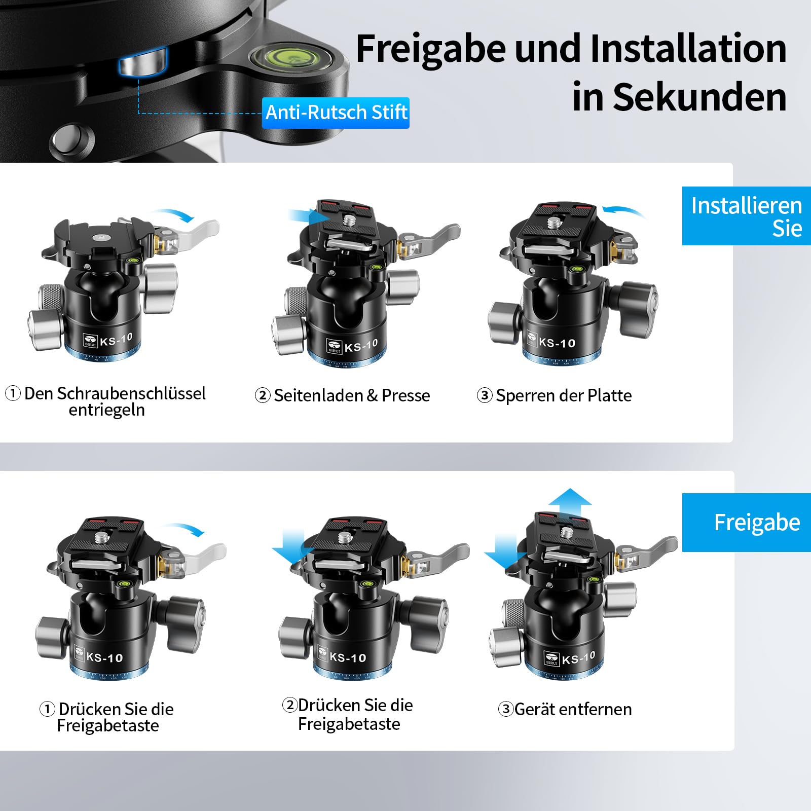 SIRUI KS-10 Kugelkopf Low Profile für Stativ, 29 mm 360° Panorama Aluminium Stativkopf für Kamera, Camcorder, Kugelkopf für Stativ, Einbeinstativ, Maximale Belastbarkeit 15 kg