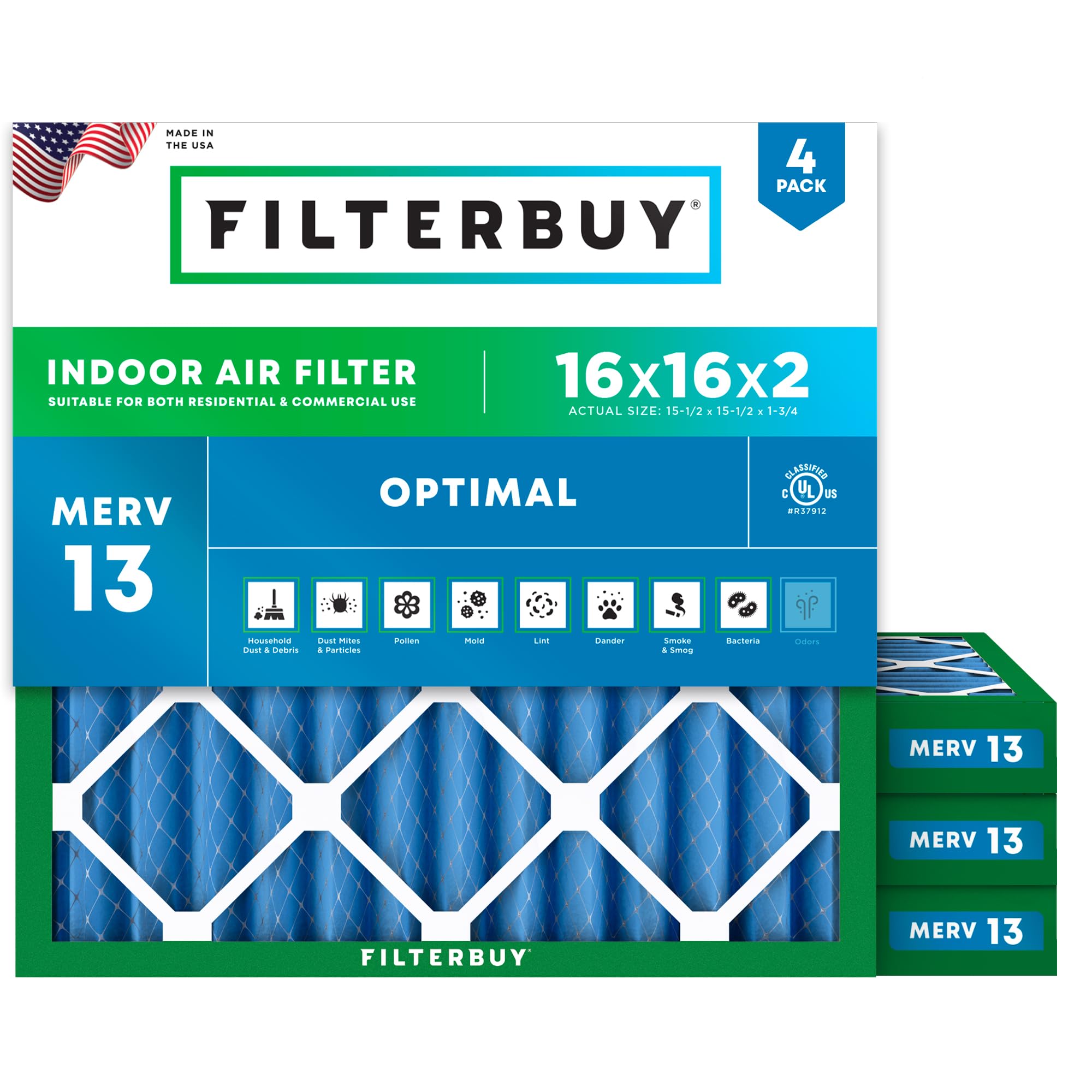 Filterbuy 16x16x2 Air Filter MERV 13 Smoke &amp; Allergy Defense (4-Pack)