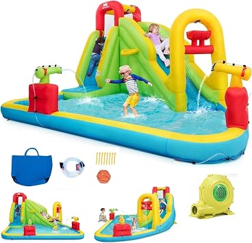 BOUNTECH Inflatable Water Slide, Mega Water Park Bouncy Castle for Kids Backyard Fun with 480w Blower, Climbing, Water Basin, Blow up Water Slides Inflatables for Kids 5-12 Outdoor Party Gifts