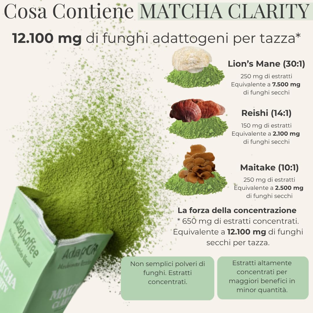 Matcha Clarity – Tè Matcha Cerimoniale con Funghi Adattogeni – Lion’s Mane, Reishi & Maitake – Energia Naturale & Concentrazione – Vegano, Senza Zuccheri Aggiunti – 25 Tazze (100 g)