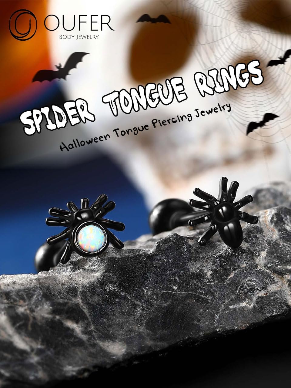 OUFER Spider Tongue Rings, 316L Surgical Steel Tongue Piercing Jewelry, Internally Threaded Tongue Piercing, Black Tongue Rings for Women and Men