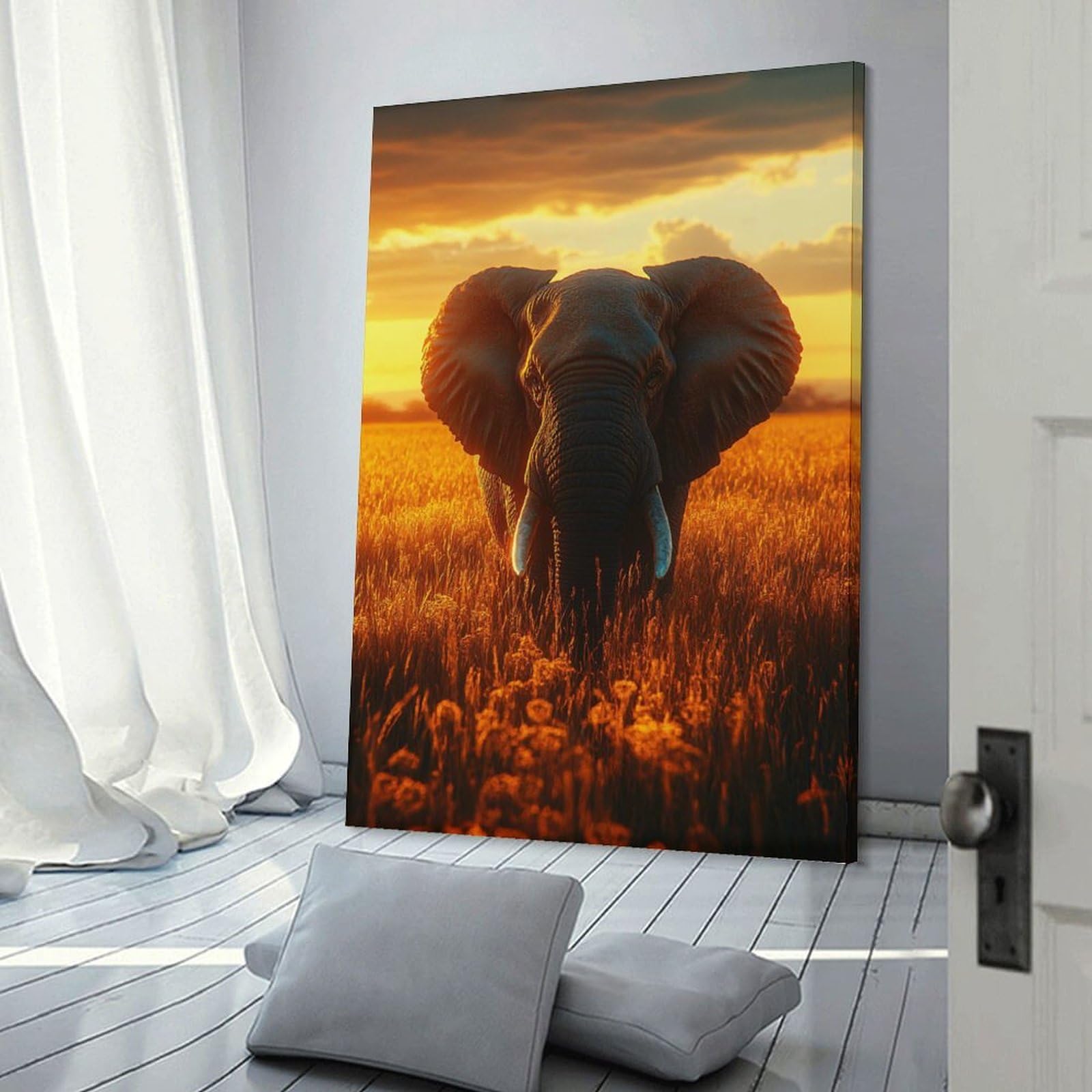 Junmoney Home Decor Wall Art Elephant in Golden Field at Sunset, 24x36inch(60x90cm), for New Homes, Bedrooms Or Workspaces, Home Decor Gift with Stylish Appeal