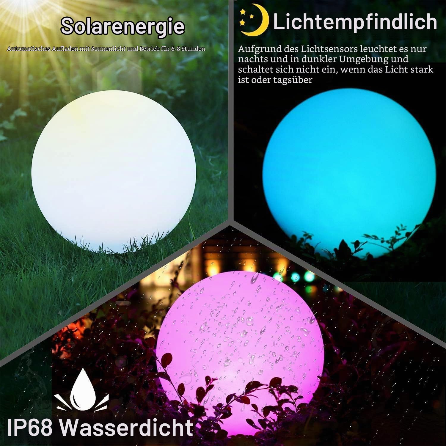 2PCS RGB Solarlampe für Außen, 30cm LED Kugelleuchte mit Fernbedienung, Solarleuchte 16 Farbwechsel, 1200mAh Type-C Aufladbar Kugellampe IP66 Wasserdicht für Teich Balkon Terrasse Rasen Patio Innen