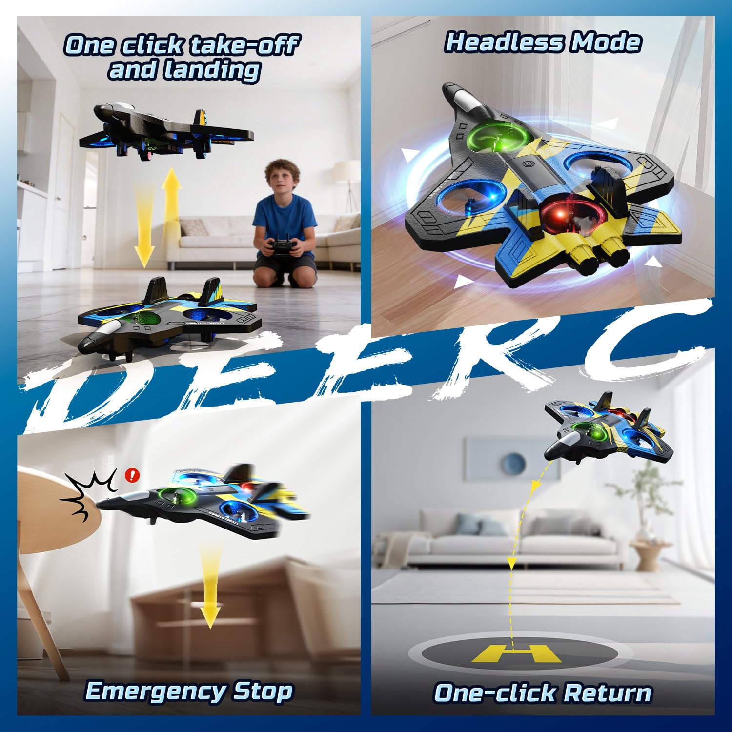 DEERC Avion Télécommandé RC Chasse avec Lumières, Flip 360° pour Enfants, Bleu Jaune