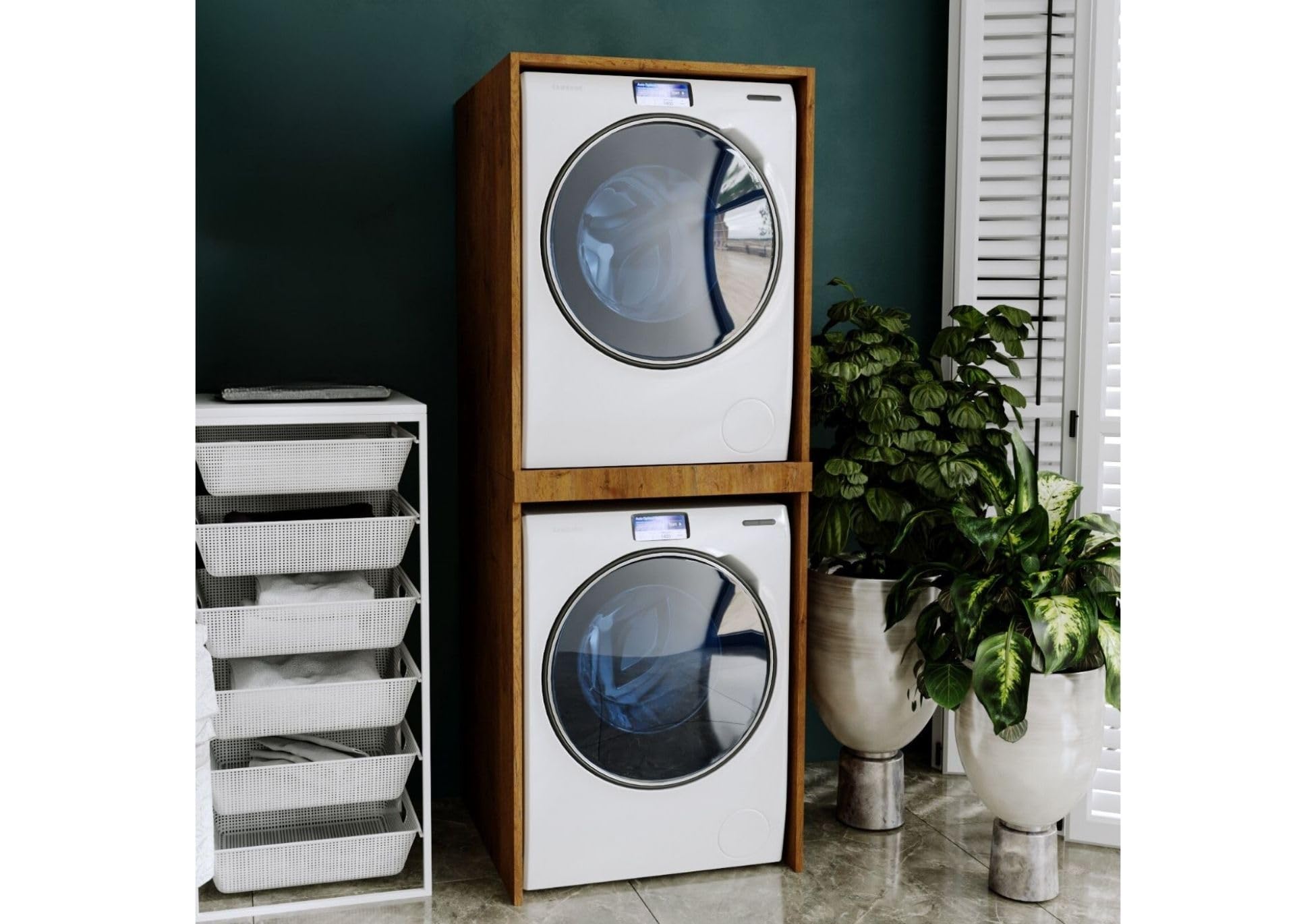 CraftPAK Waschturm - Waschmaschinenschrank für Waschmaschine & Wäschetrockner | Schrank Waschmaschine für Waschküche - Möbel Größe 66x180x65 cm Braun