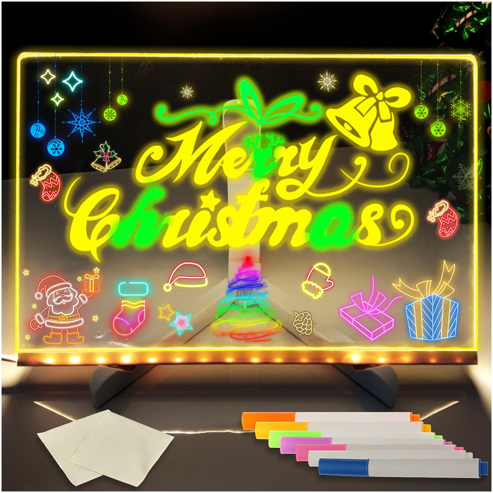 Led Maltafel Kinder mit Ständer/7-Farben-Stift, Acryl Transparente Maltafel Praktische Memo und Zeichenplatte Leuchttafel Notiztafel Glow Board für Schule Zuhause Schreibtisch Büro Café