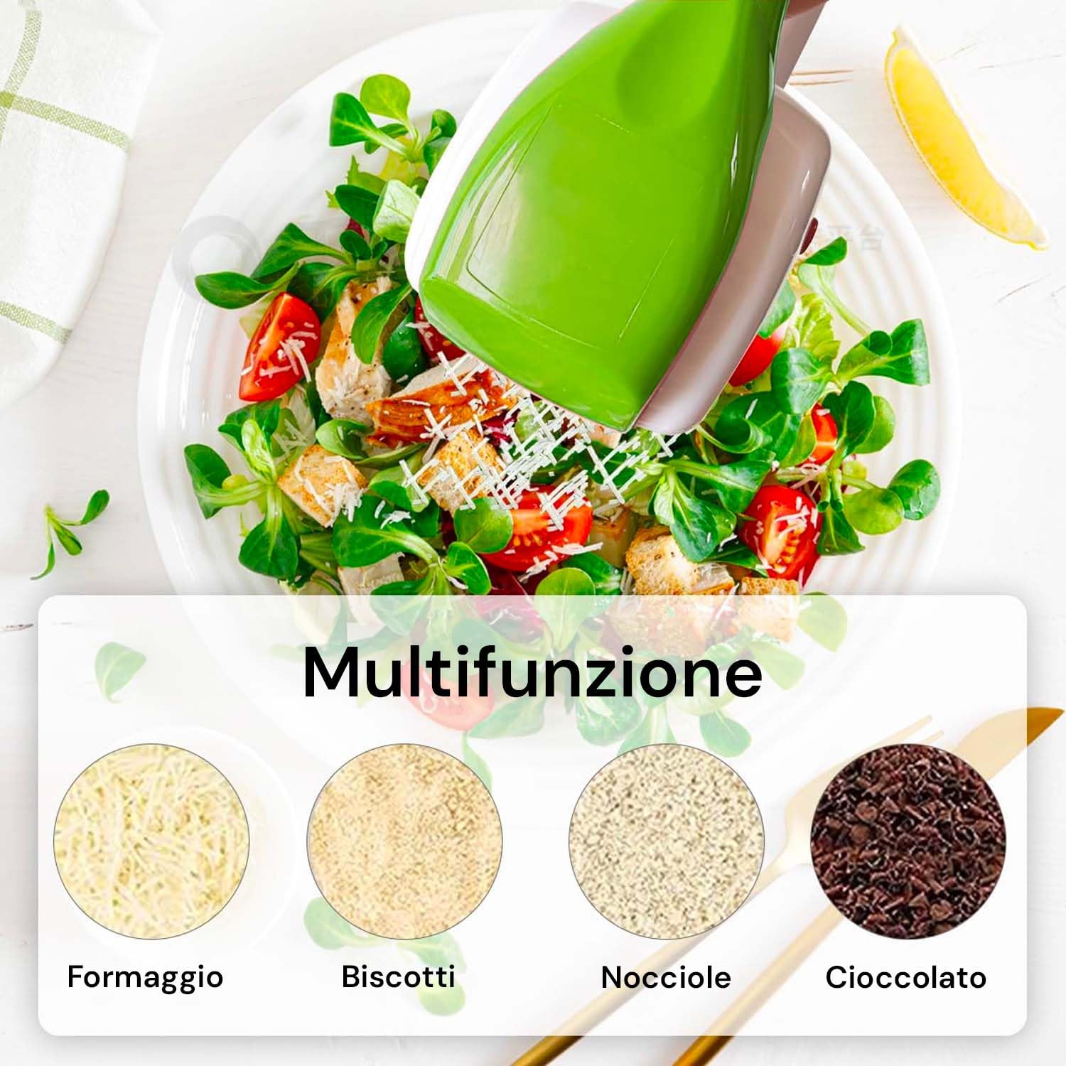 Avilia Grattugia Elettrica Cordless Multifunzione - 3 Rulli in Acciaio Frutta e Pane, Grane Diverse per Formaggi Duri e Morbidi, Corpo in Plastica, 12W, Giallo e Verde