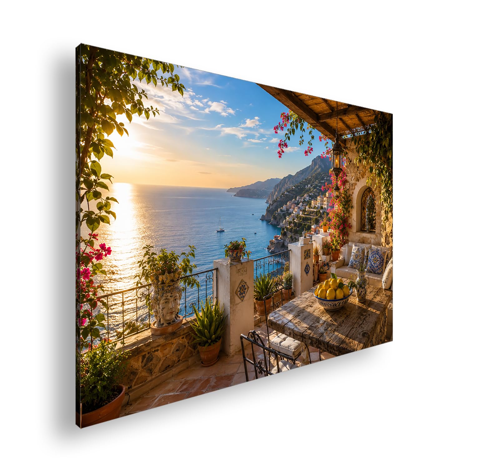 Farbenhorizont Leinwandbild Mediterrane Terrasse mit Meerblick im goldenen Abendlicht Format:90x60cm XXL Wandbild auf Keilrahmen/Kunstdruck/Bild Wohnzimmer Dekoration
