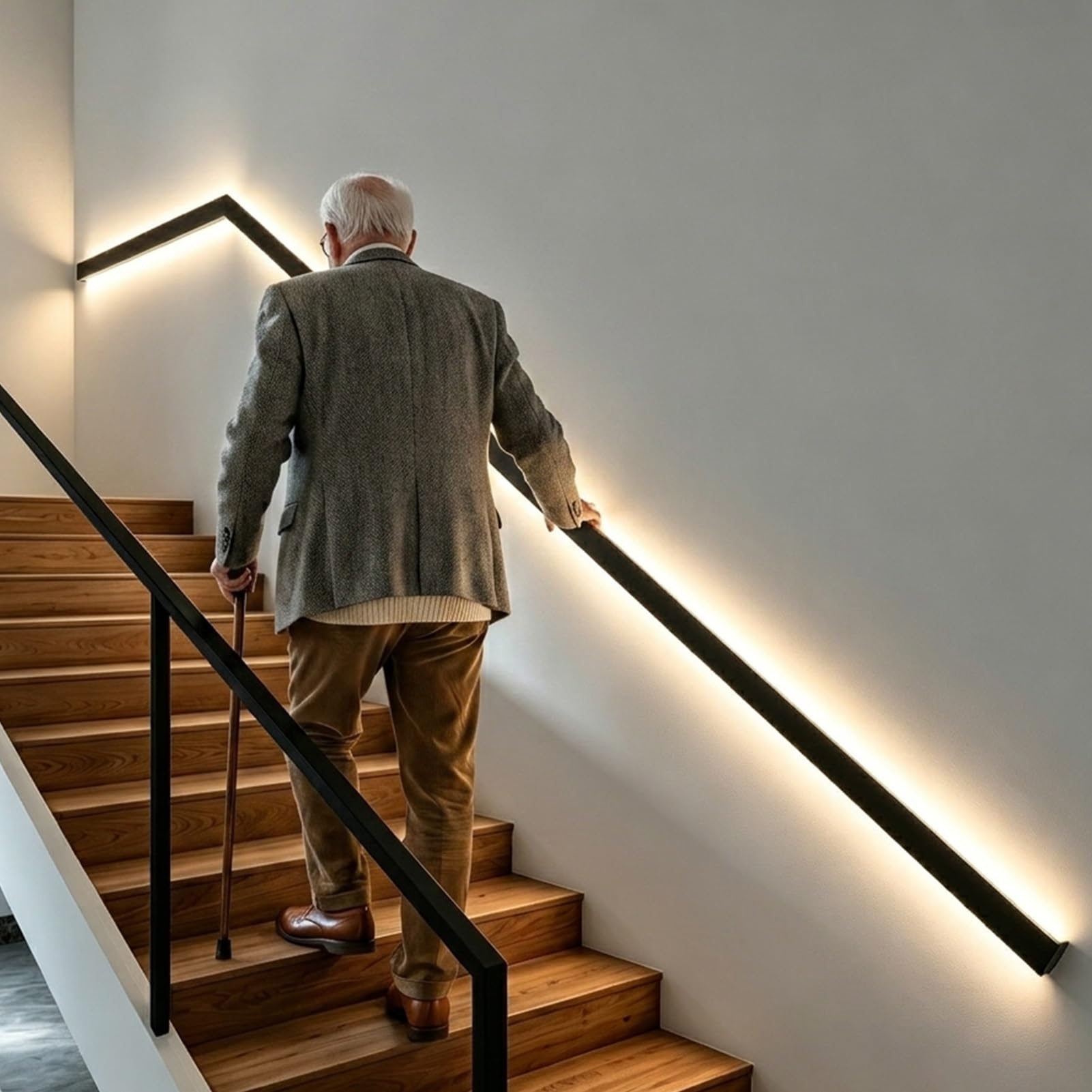 Indoor Stair Handrail with LED Lighting, Motion Sensor Illuminated Banister Handrail, Aluminum Alloy Support Stair Railing for Seniors & Kids(Right Black,600cm/19.7ft)