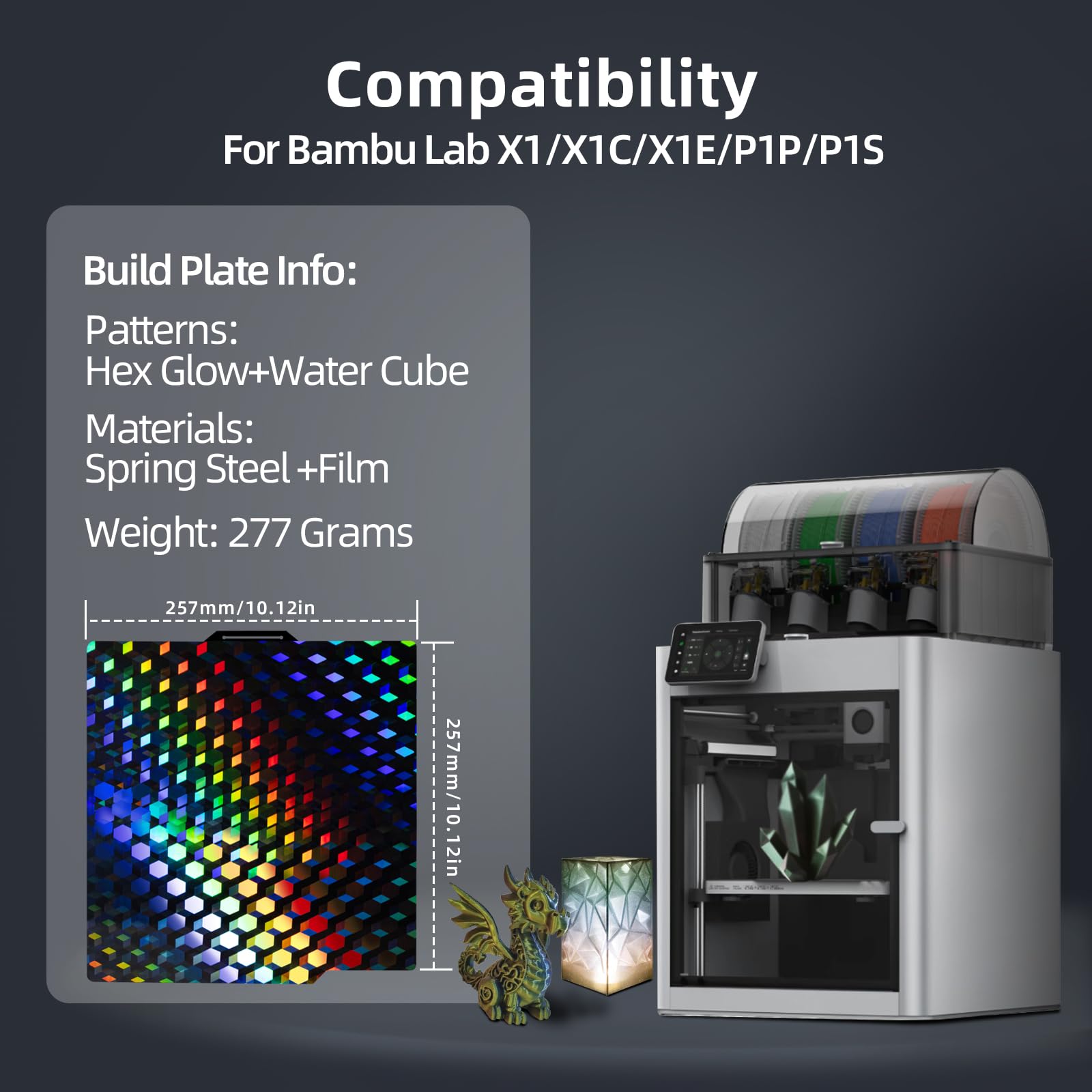 IdeaFormer PEG płyta drukująca dla Bambulab P1S/A1/X1C/P1P/X1/P2S, Holographic Hex Glow+Water Cube Smooth Build Plate Spring Steel Płyta drukująca dla Bambu Lab A1 P1S X1C
