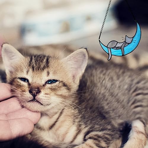 Miniatura 6 de BOXCASA Atrapasoles hecho a mano con diseño de gato en luna gris para colgar en la ventana para amantes de los gatos, día de la madre para mujeres,