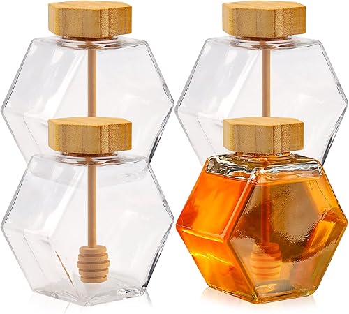 Honey Pot - Tarros de miel, paquete de 4 recipientes de miel vacíos para miel, dispensador de miel, contenedor de miel, dispensador de miel,