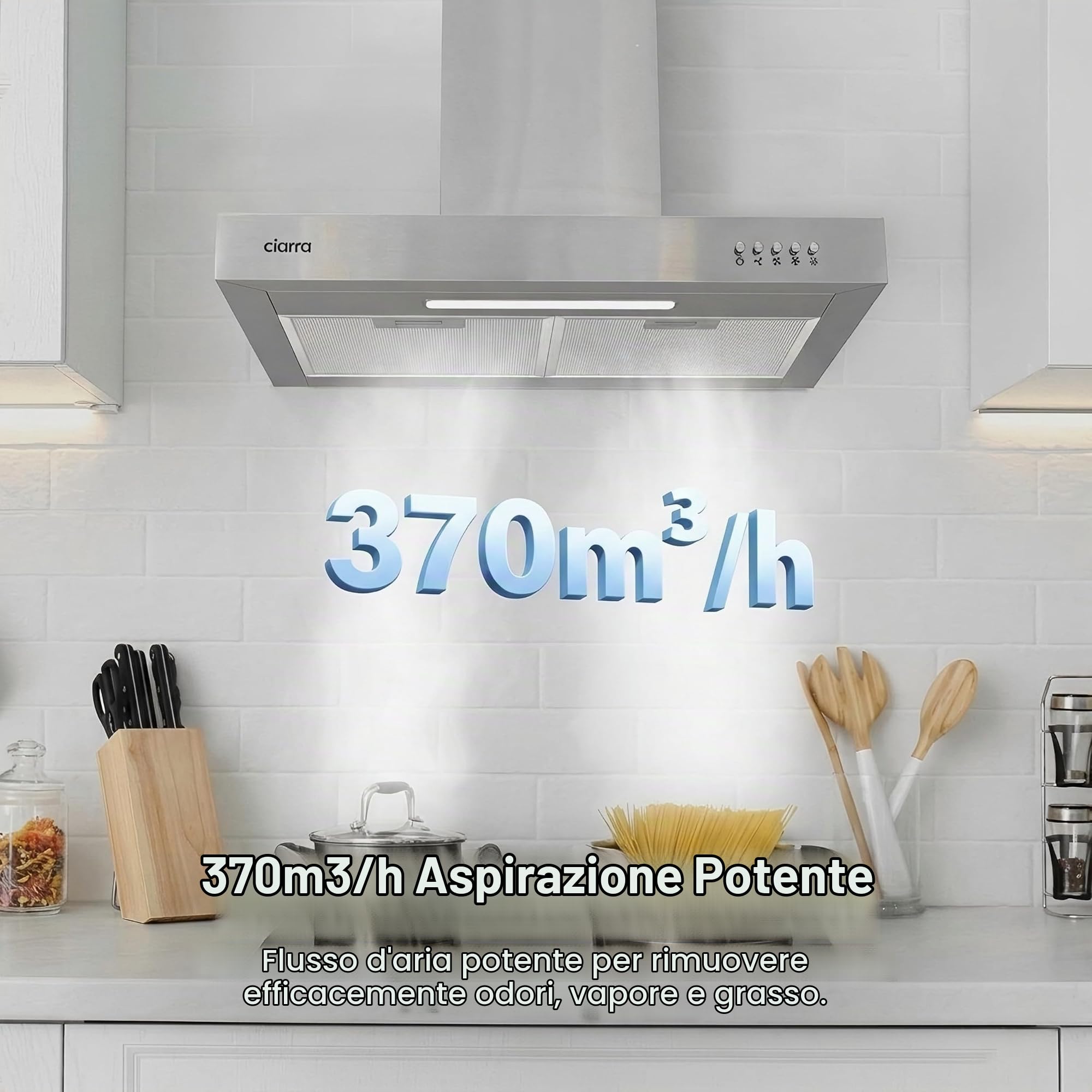 CIARRA CBCS6125 Classe A Cappa Aspirante 60 cm 370m³/h Cappa Camino a Ricircolo Luci LED 3 Velocità Aspiratore Cucina Acciaio Inox con Filtri Carbone CBCF004