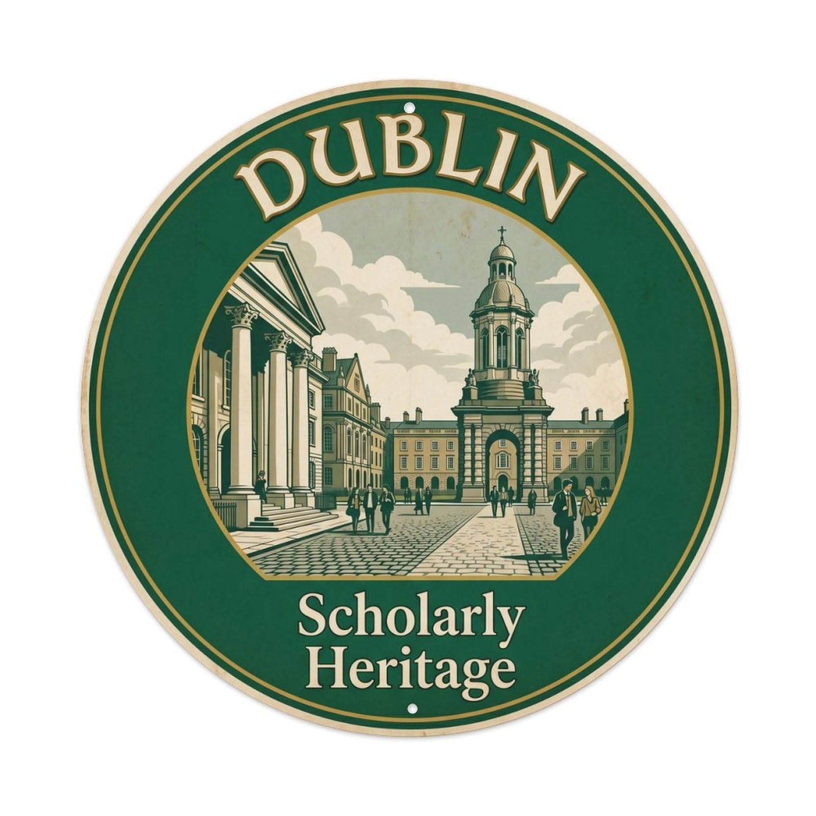Vintage Travel Dublin Trinity College Metal Tin Sign Plaque Wall Decor for Cafe, Club, Garden Round Metal Poster 8x8Inch