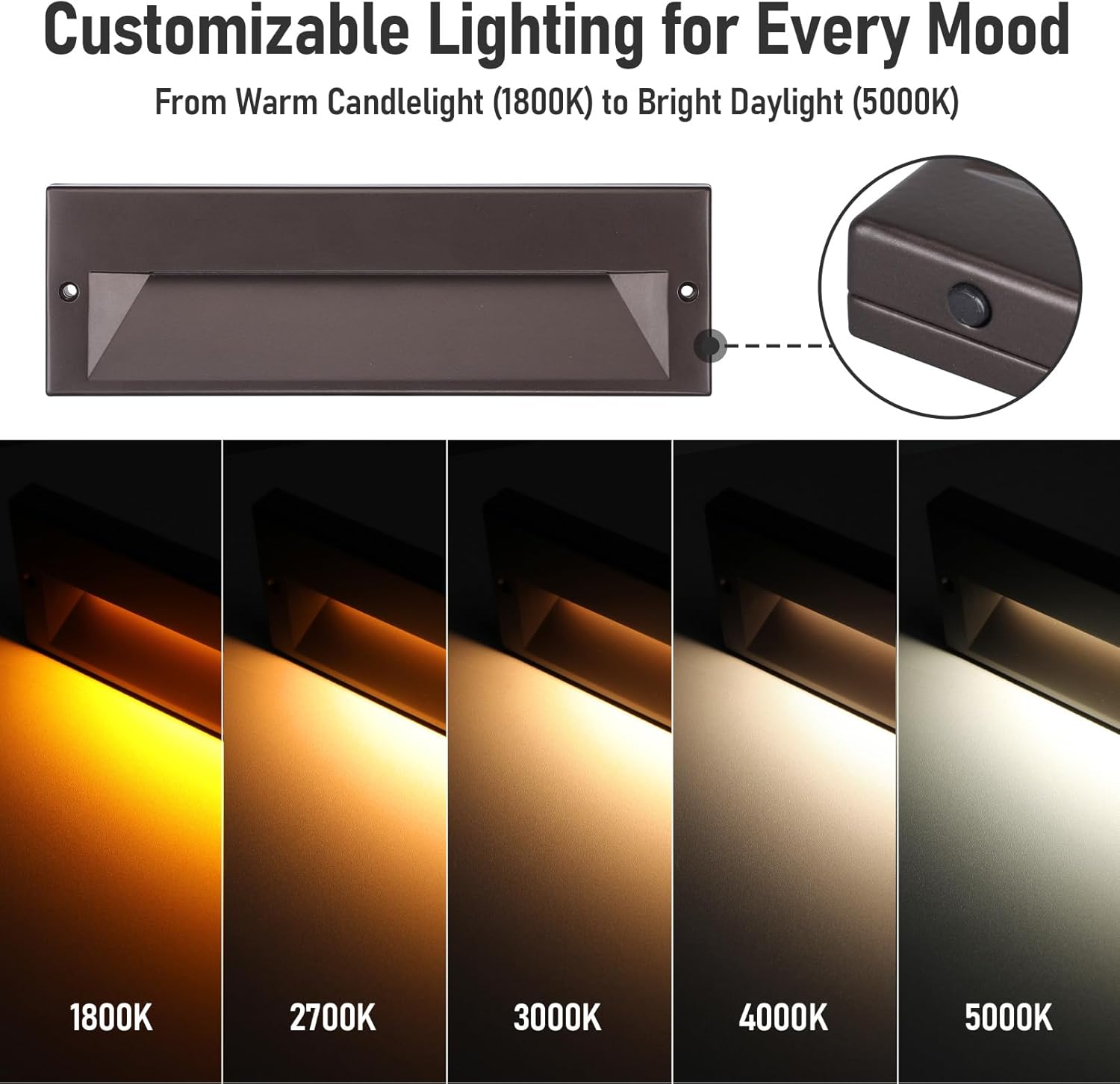 LEONLITE 10.6 Inch 5CCT LED Low Voltage Step Lights, 12–24V AC/DC 6W Surface Mount Ultra-Slim Landscape Stair Lights, IP65 Aluminum Outdoor Lighting for Decks, Hardscapes, Oil Rubbed Bronze, Pack of 6