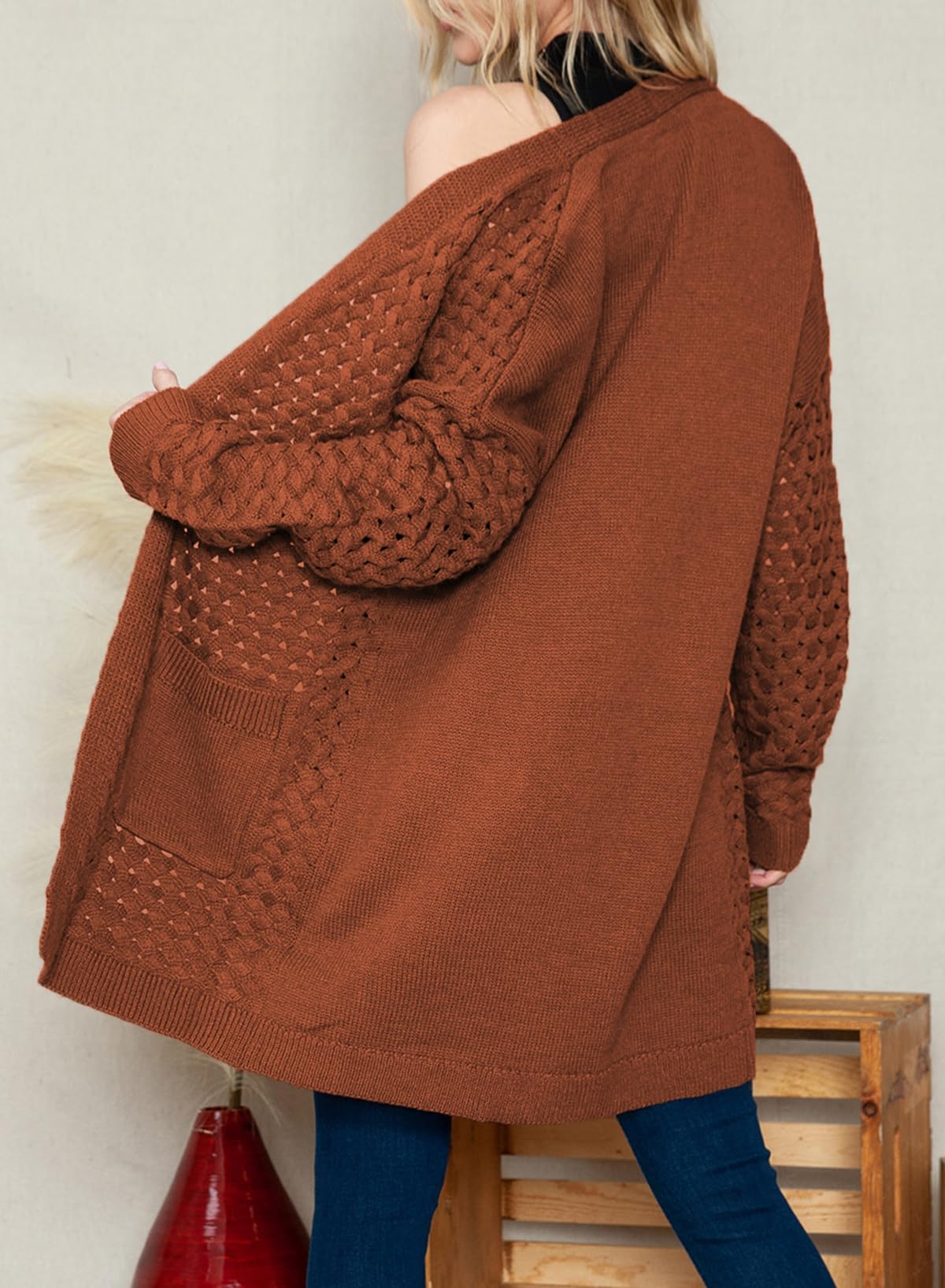 Chaqueta larga de punto para mujer, chaqueta de punto frontal abierta, abrigo con bolsillos, ropa exterior holgada informal para uso diario, marrón, M