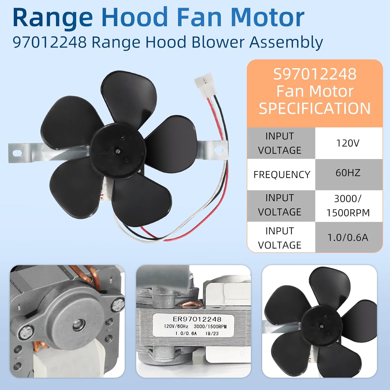 S97012248 97012248 Range Hood Fan Motor BP17 Replacement Part fit for B-roan Nu-Tone 40000 & 42000 Series and Ken-More Stoves by Fetechmate Replace 99080492 97005161 99080533 99080410 99080363