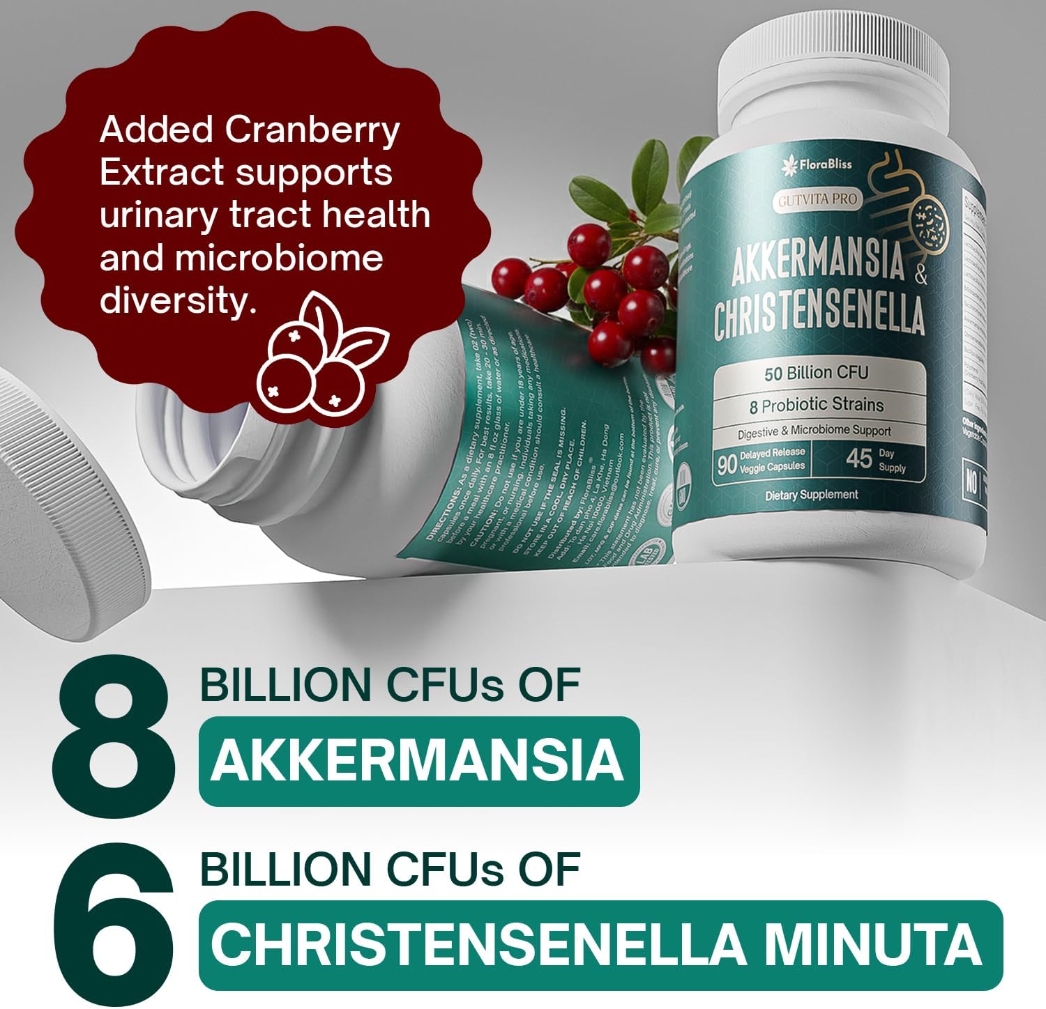 FloraBliss Christensenella Minuta and Akkermansia, Bifidobacterium longum, 8 Probiotic Strains, 50 Billion CFU, 90 Delayed-Release Capsules, with Cranberry Extract