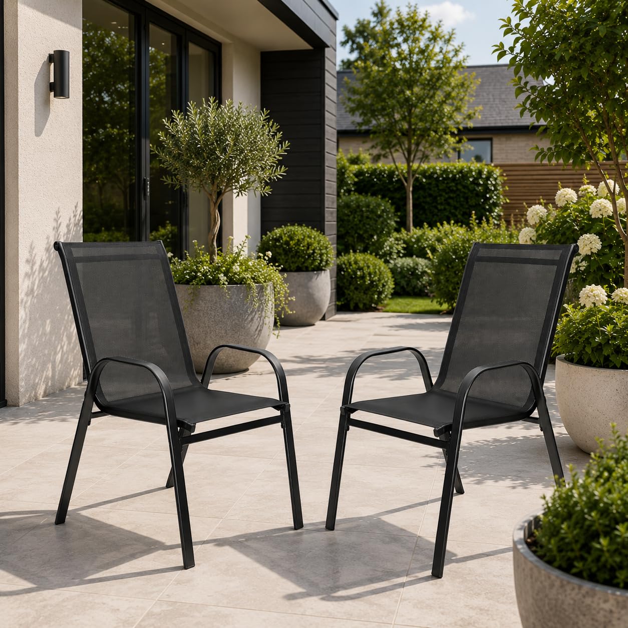 Emirates Living Garden Dining Chairs Set of 2, Stackable Outdoor Patio Chairs with Breathable Textilene Mesh, Powder Coated Steel Frame, Armchairs for Garden, Balcony & Conservatory, Black