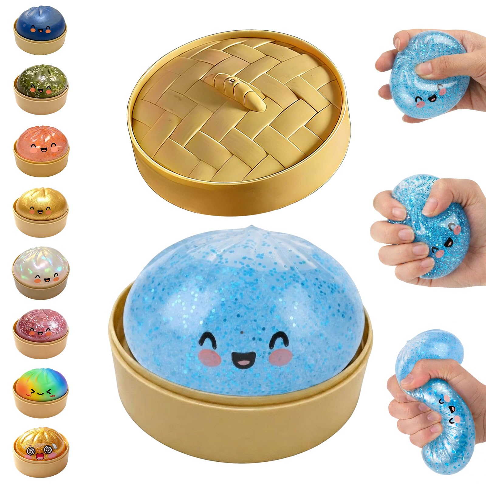 Glitter Dumpling Squishy,Dumpling Squishies,Glitter Dumpling Mystery Box,Colorful Dumpling Stress Balls Fidget,Jumbo Squishy Toy with Steamer Box,Soft Squeeze Decompression Dough (Glitter White) — view 11