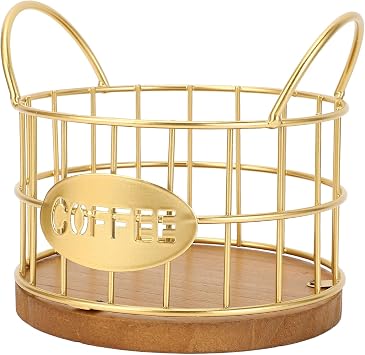 Coffee Pod Basket, Wood Base Large Opening Design, Easy Neat Coffee Capsule Storage Cage, Sturdy Wooden Bottom Organizer for Home Restaurant Bar Use