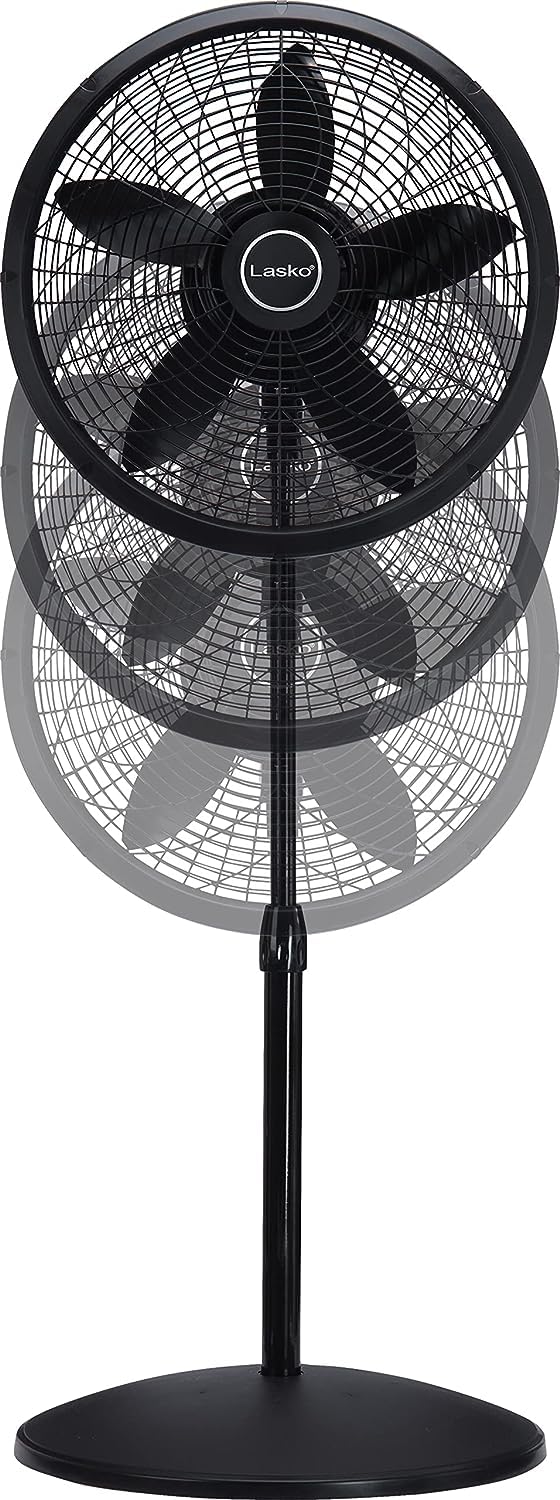 Lasko S16500 fan showing height adjustment, with a blurred fan image above and below the main fan to indicate adjustable range.