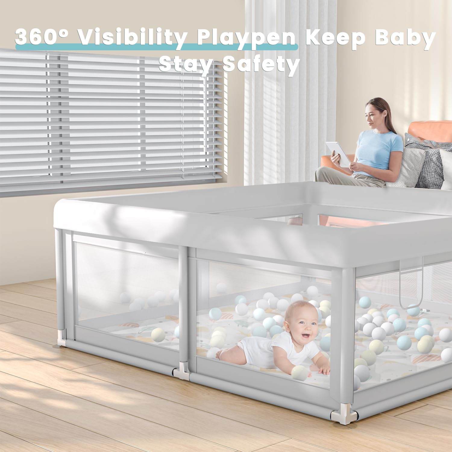 Baby happily playing inside the Hiaksedt playpen, demonstrating the 360-degree visibility of the mesh sides.