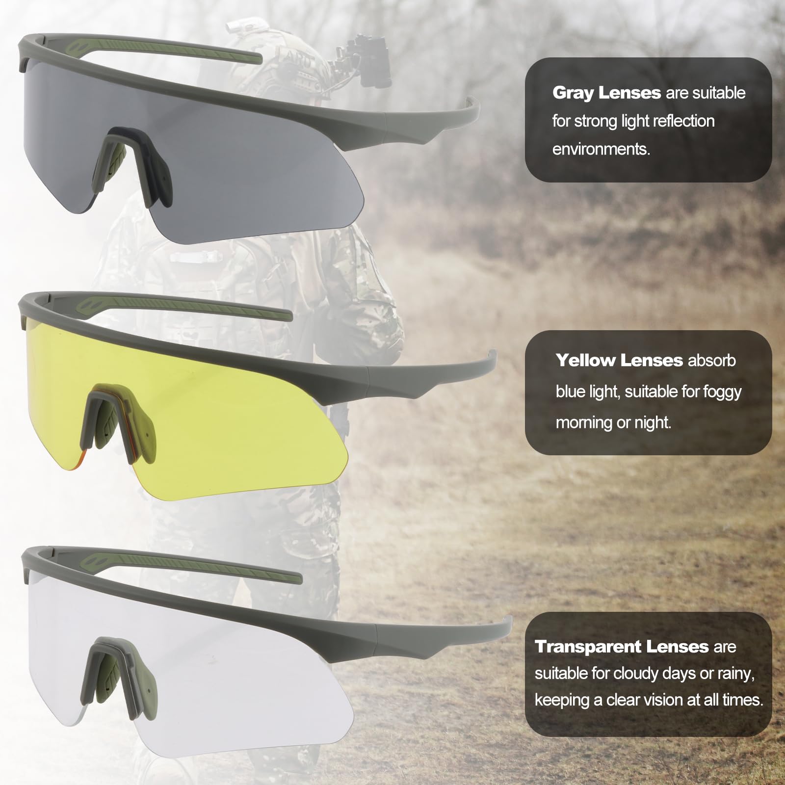 Occhiali protettivi Tactical UV400, occhiali da tiro ANSI Z87.1 con 3 lenti, montatura in TR90 per softair