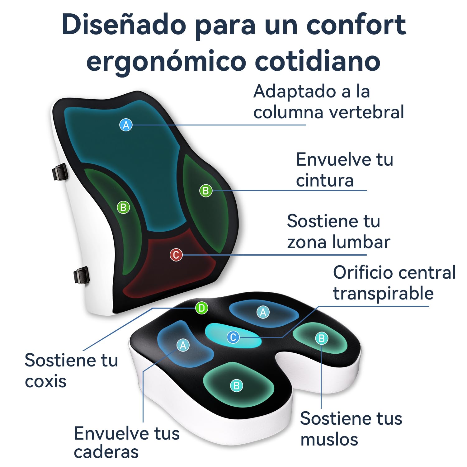 Travel Ease Set de Cojín de Asiento y Almohada Lumbar de Espuma Viscoelástica, Confort Ergonómico para Silla de Oficina, Coche, Uso Doméstico y Viajes, Soporte para Espalda y Glúteos, Negro